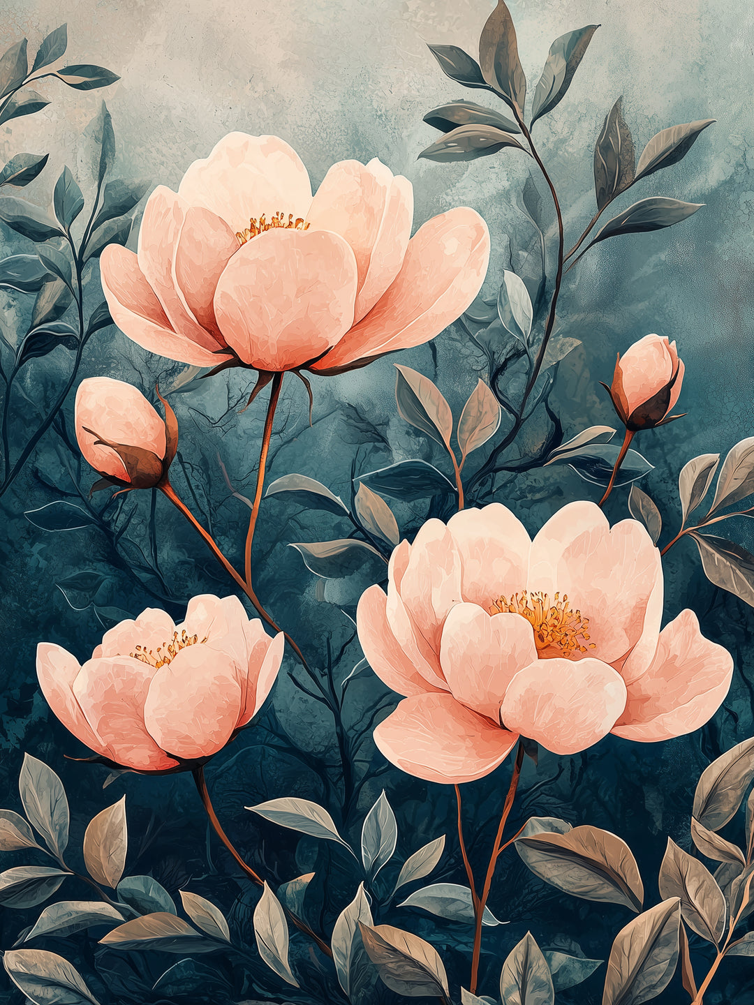 Pfingstrosen im Aquarell Japandi – Wandkunst