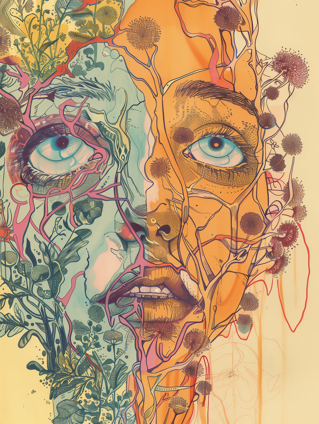 Pflanzenverwobenes Halbgesicht Psychedelic – Wandkunst
