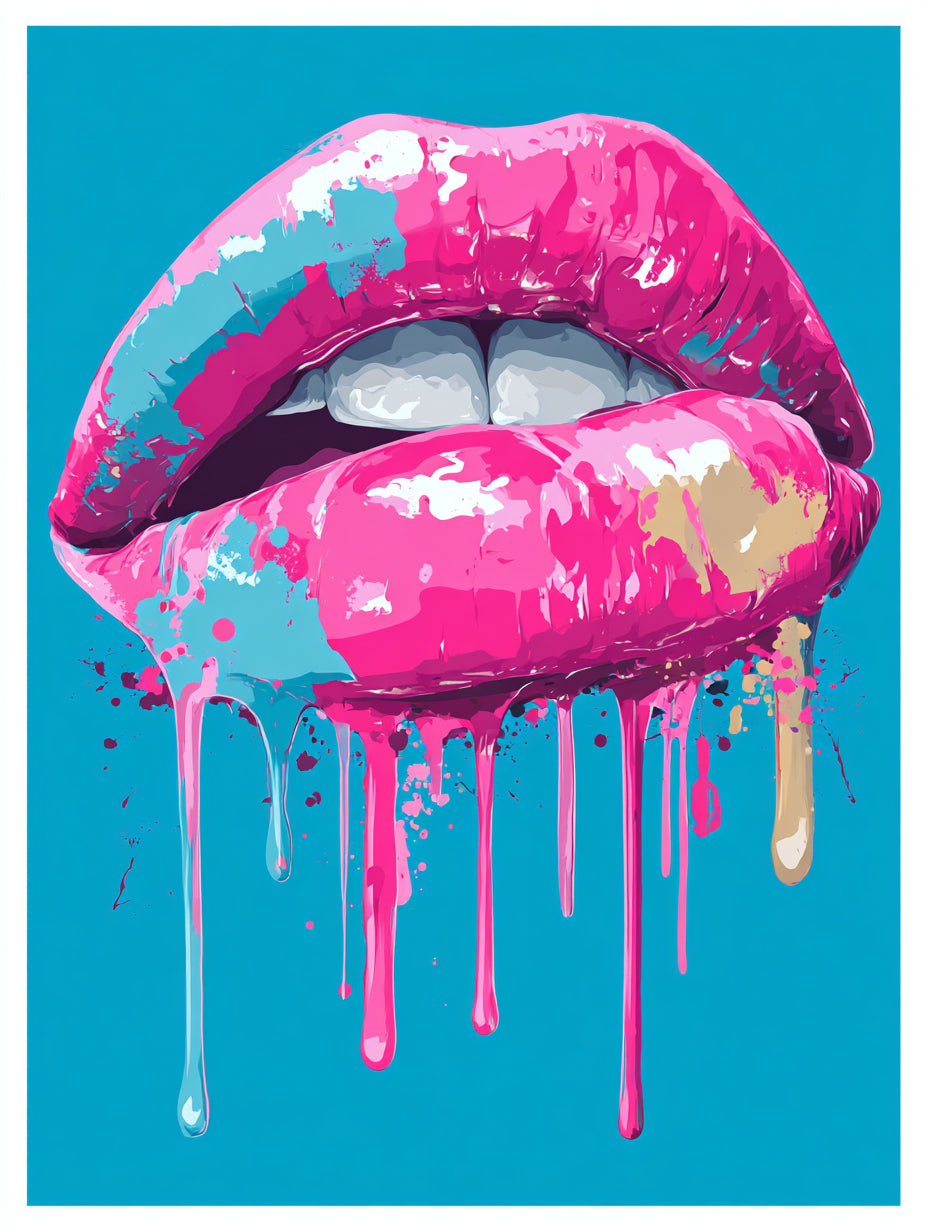Pinkfarbene Lippen mit Farbe Pop Art – Wandkunst