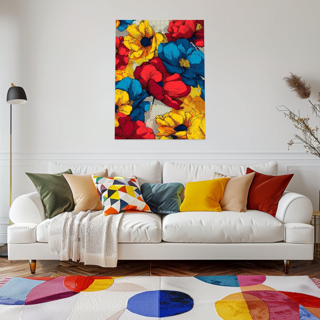 Bunte Blumenillustration Leinwandbild Pop Art – Leinwand auf Holzrahmen – Ansicht 3