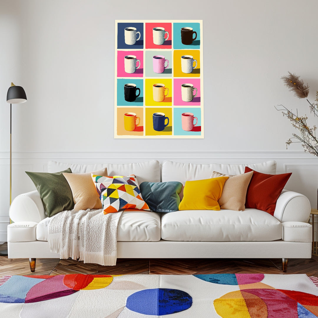 Bunte Kaffeetassen Raster Leinwandbild abstrakt – Leinwand auf Holzrahmen – Ansicht 3