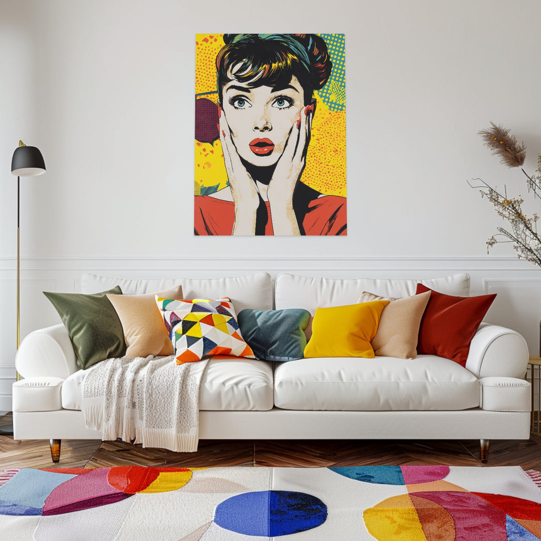 Erstaunte Frau Illustration Leinwandbild Pop Art – Leinwand auf Holzrahmen – Ansicht 3