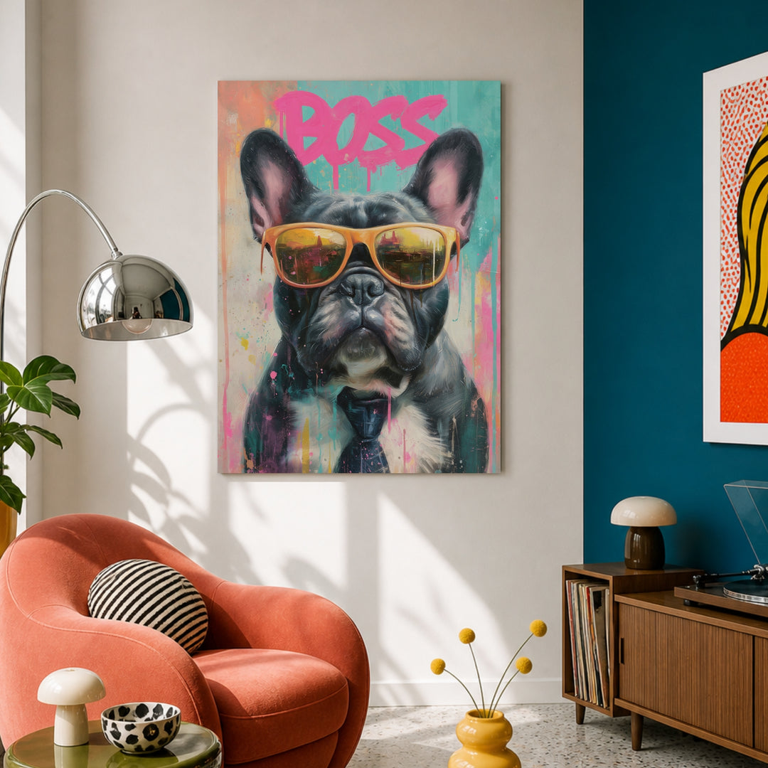 Boss Bulldog mit Stil Leinwandbild Pop Art – Leinwand auf Holzrahmen – Ansicht 3
