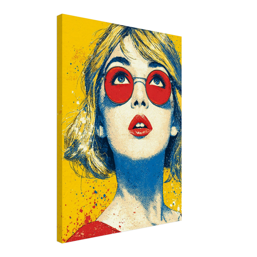 Frau mit roter Brille Leinwandbild Pop Art – Leinwand auf Holzrahmen – Ansicht 2