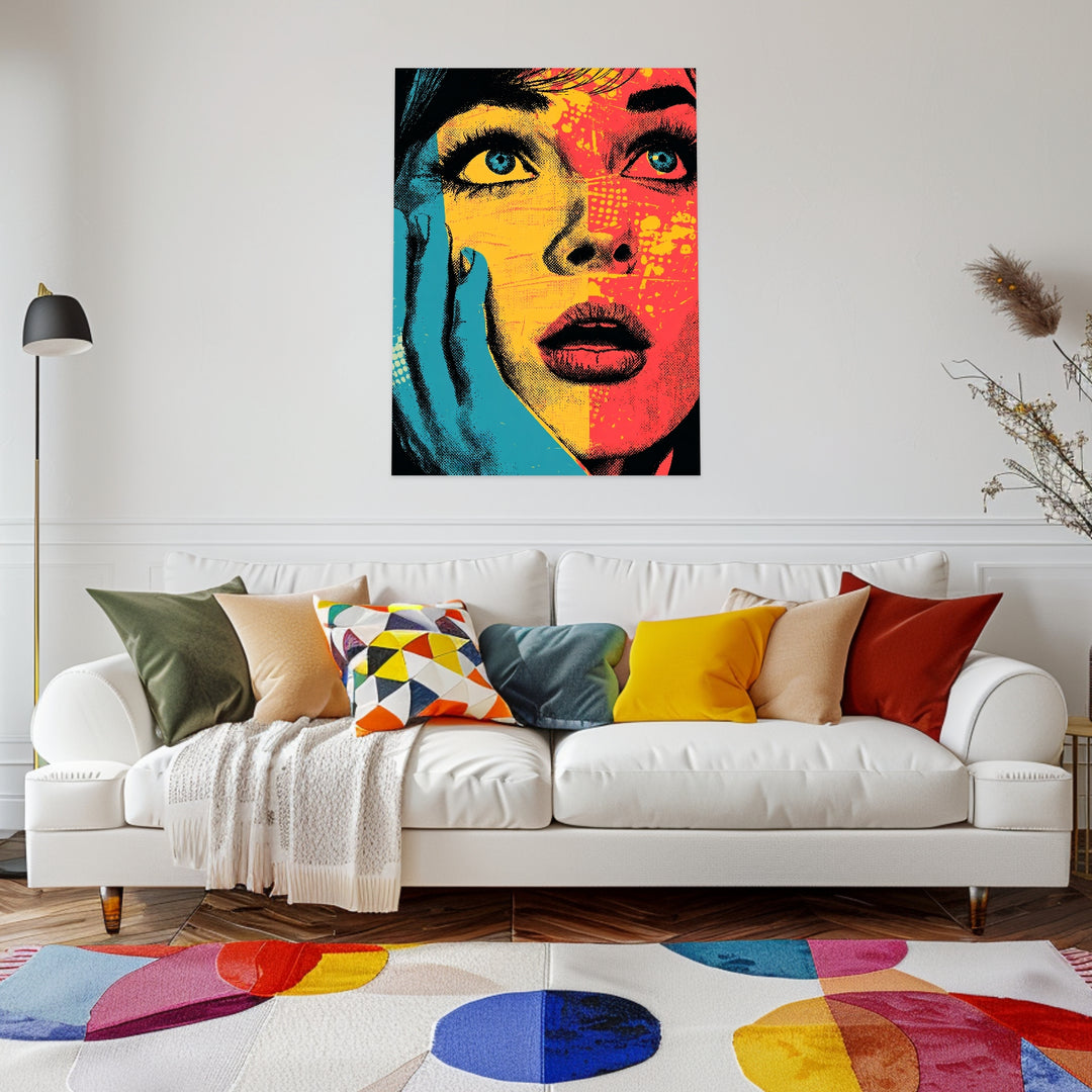Frauengesicht in Blau Gelb Leinwandbild Pop Art – Leinwand auf Holzrahmen – Ansicht 3