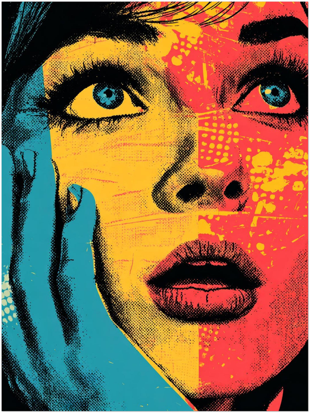 Frauengesicht in Blau Gelb Pop Art – Wandkunst