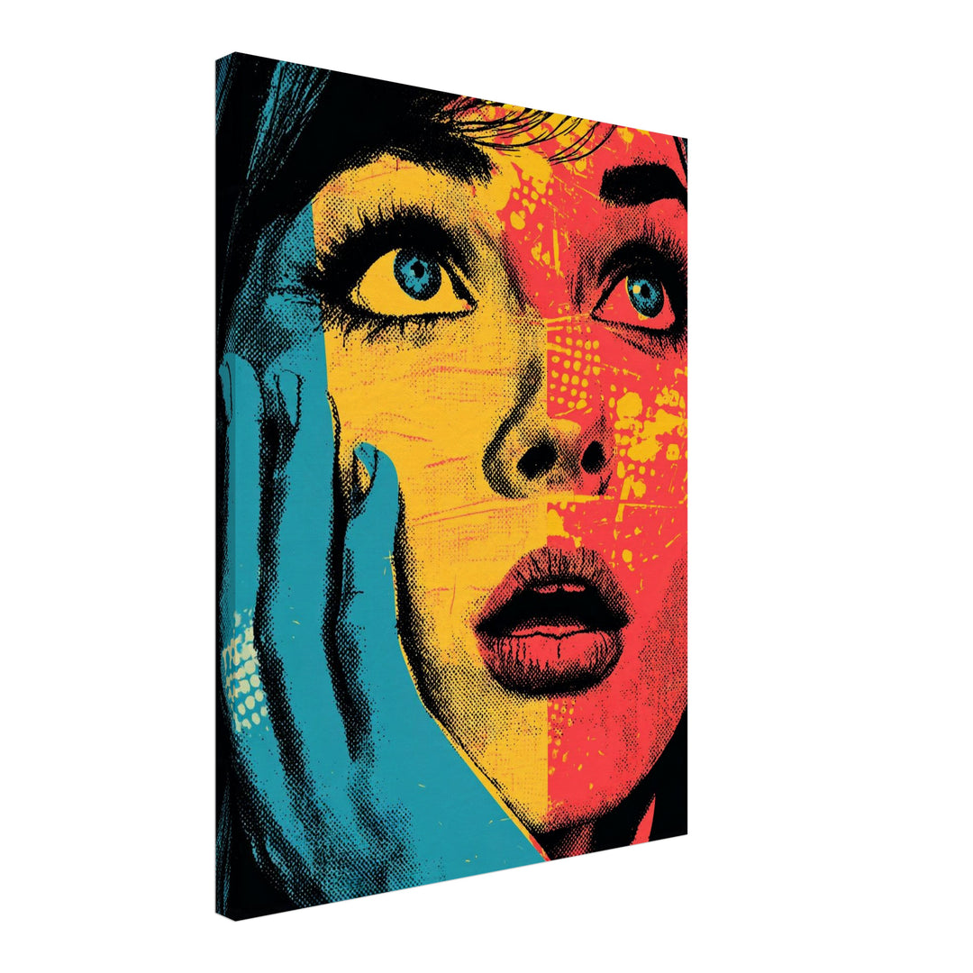 Frauengesicht in Blau Gelb Leinwandbild Pop Art – Leinwand auf Holzrahmen – Ansicht 4