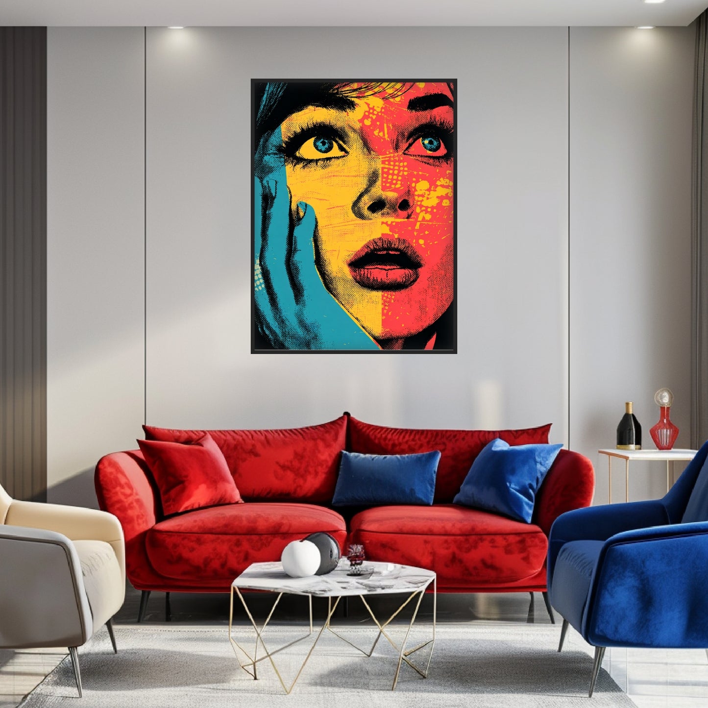 Frauengesicht in Blau Gelb Poster