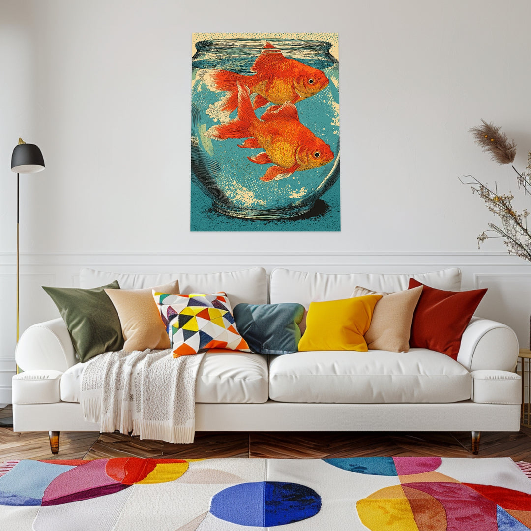 Zwei Goldfische im Glas Leinwandbild Pop Art – Leinwand auf Holzrahmen – Ansicht 3