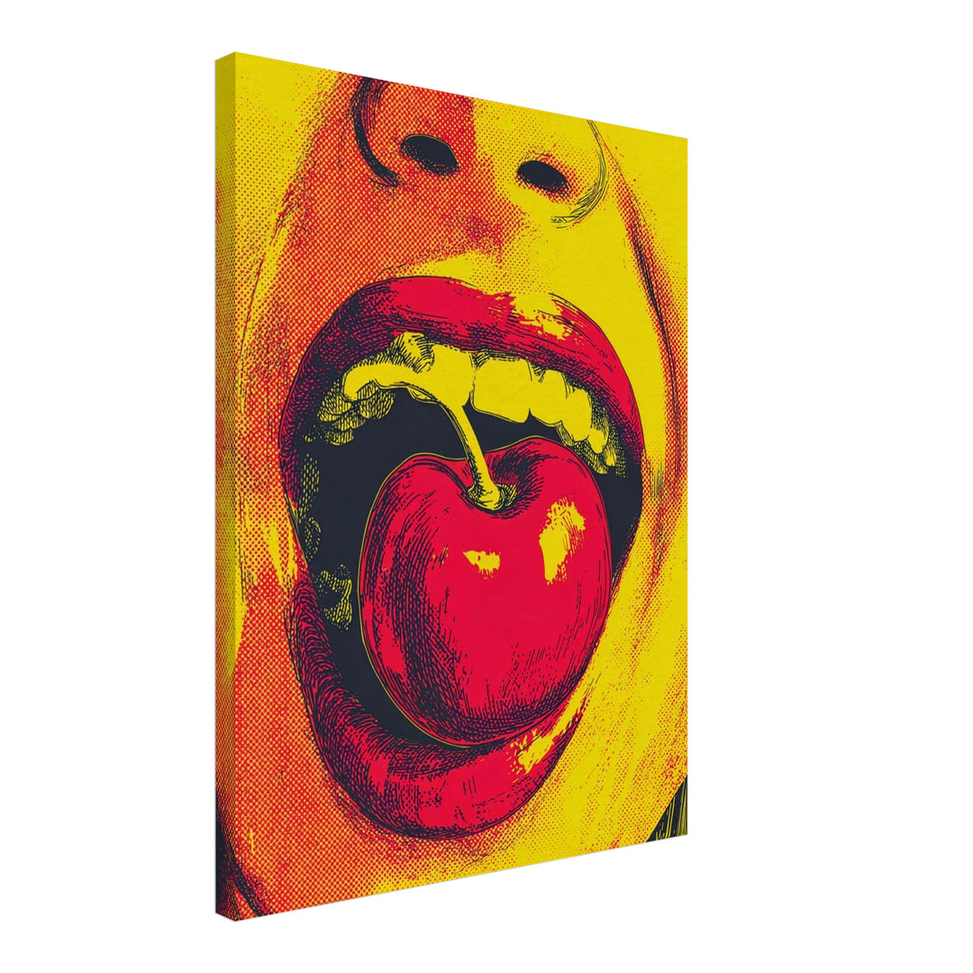 Mund mit Kirsche Leinwandbild Pop Art – Leinwand auf Holzrahmen – Ansicht 2