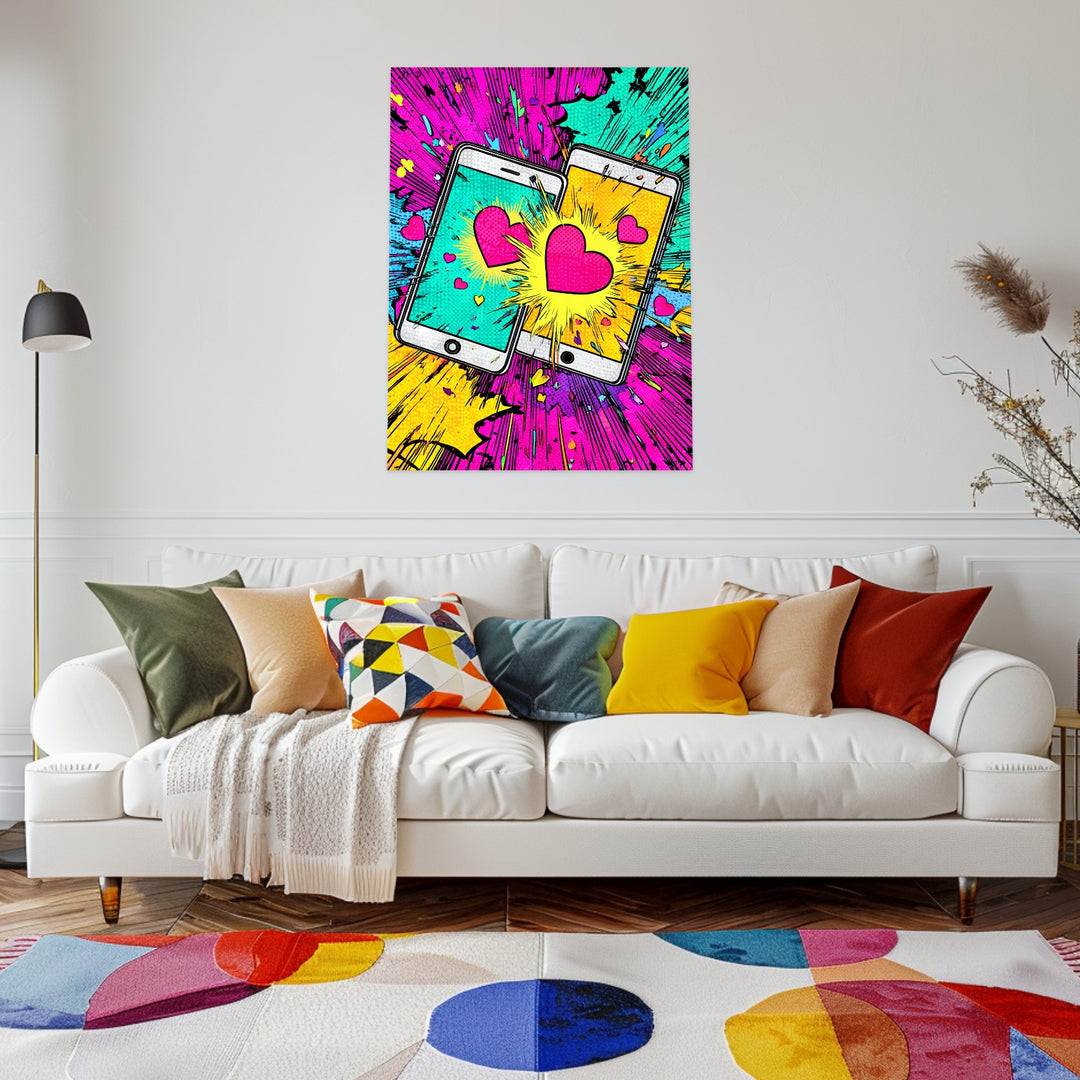 Zwei Handys mit Herzen Leinwandbild Pop Art – Leinwand auf Holzrahmen – Ansicht 3