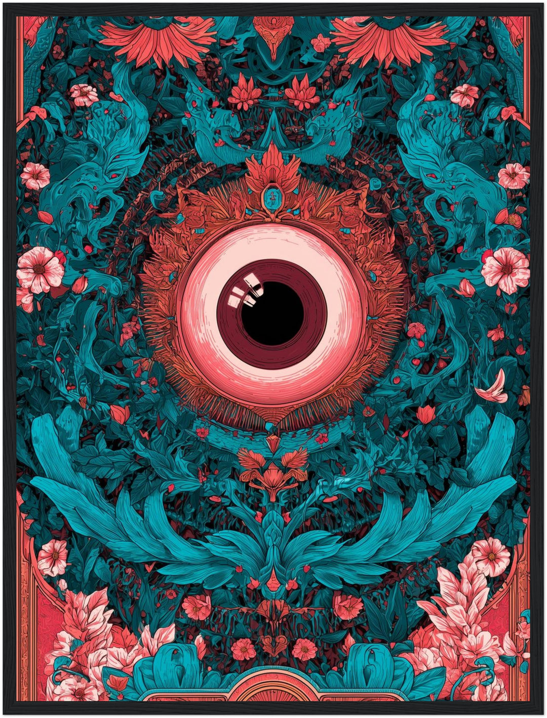 Allsehendes Auge im Blütenrausch Poster – Schwarzer Rahmen – Produktfoto