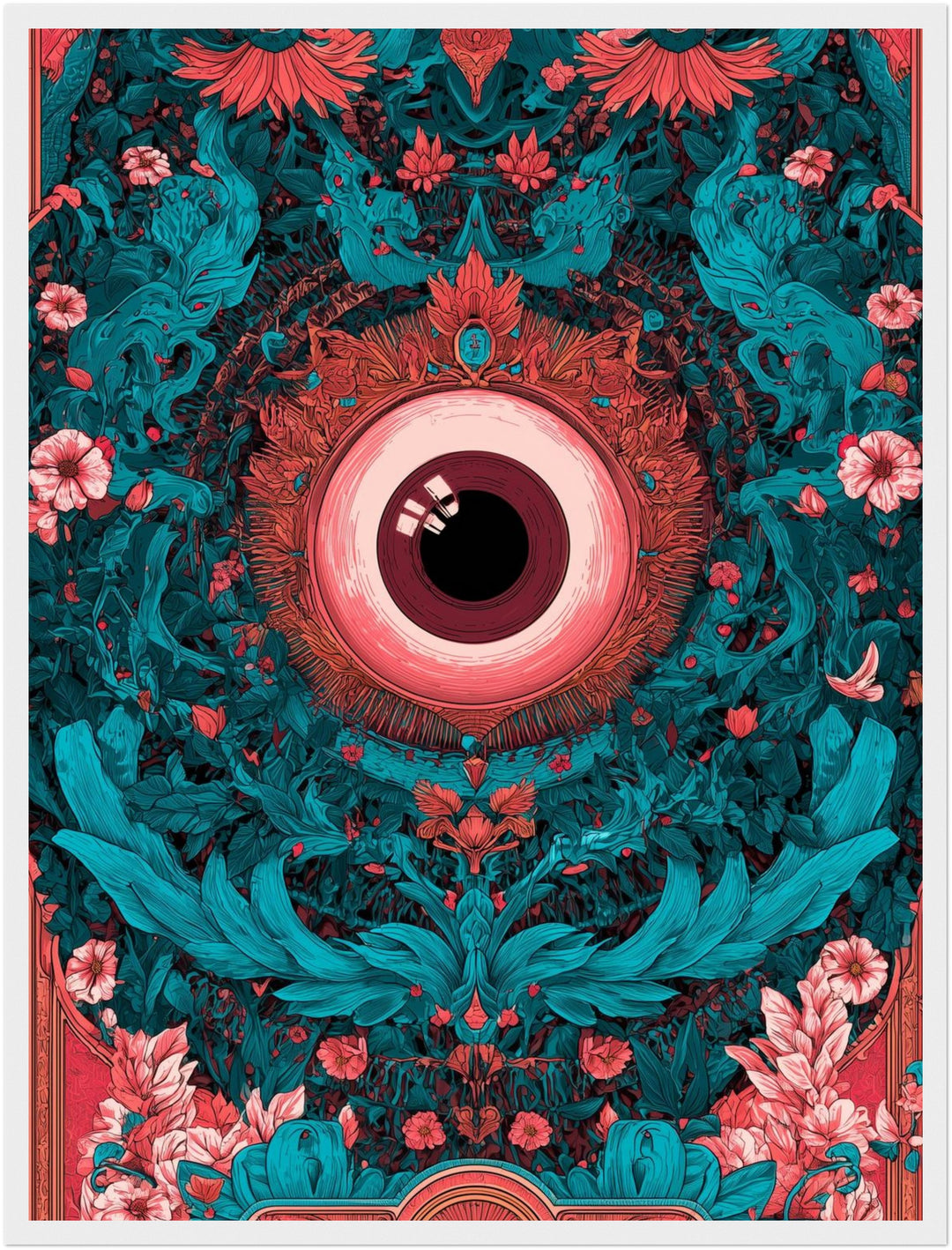 Allsehendes Auge im Blütenrausch Poster – Weißer Rahmen – Produktfoto