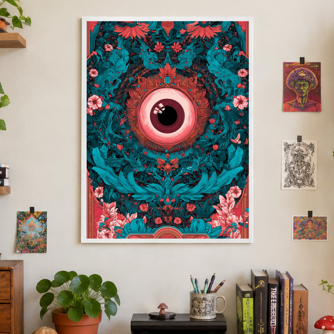 Allsehendes Auge im Blütenrausch Poster – Weißer Rahmen – Produktfoto