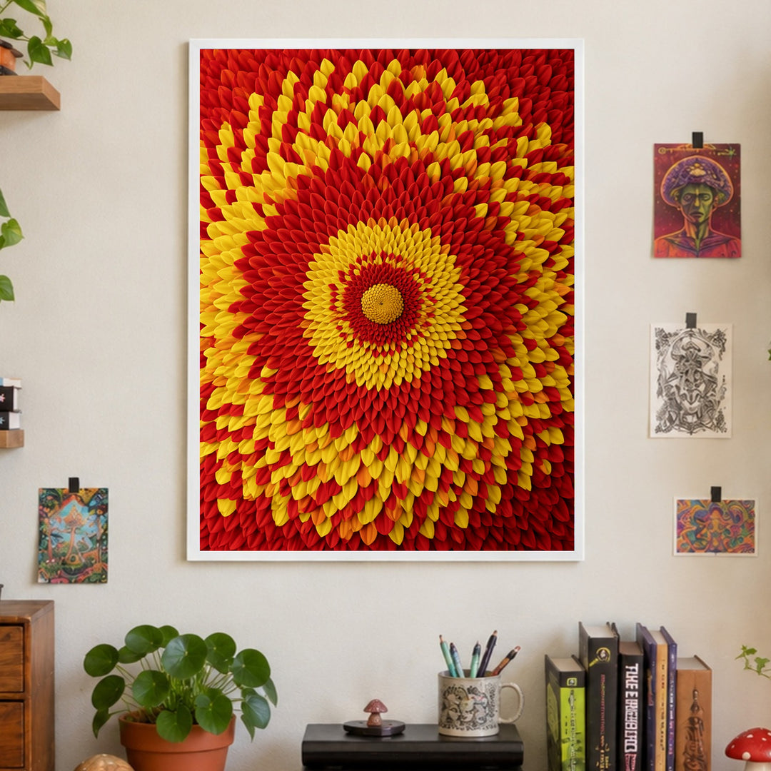 Feuriges Blüten Mandala Poster – Weißer Rahmen – Produktfoto