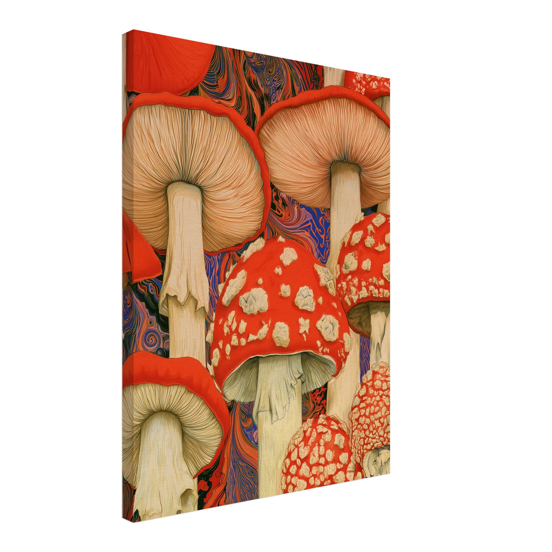 Psychedelische Pilze in Rot Leinwandbild – Schräge Ansicht – Produktfoto