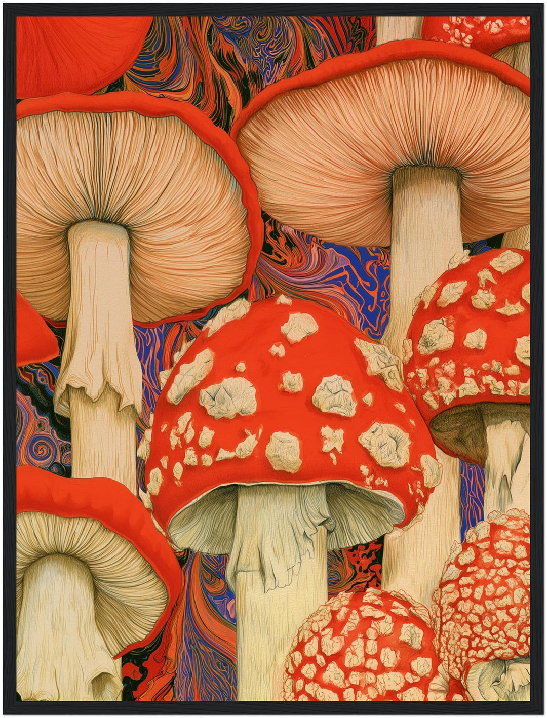 Psychedelische Pilze in Rot Poster – Schwarzer Rahmen – Produktfoto