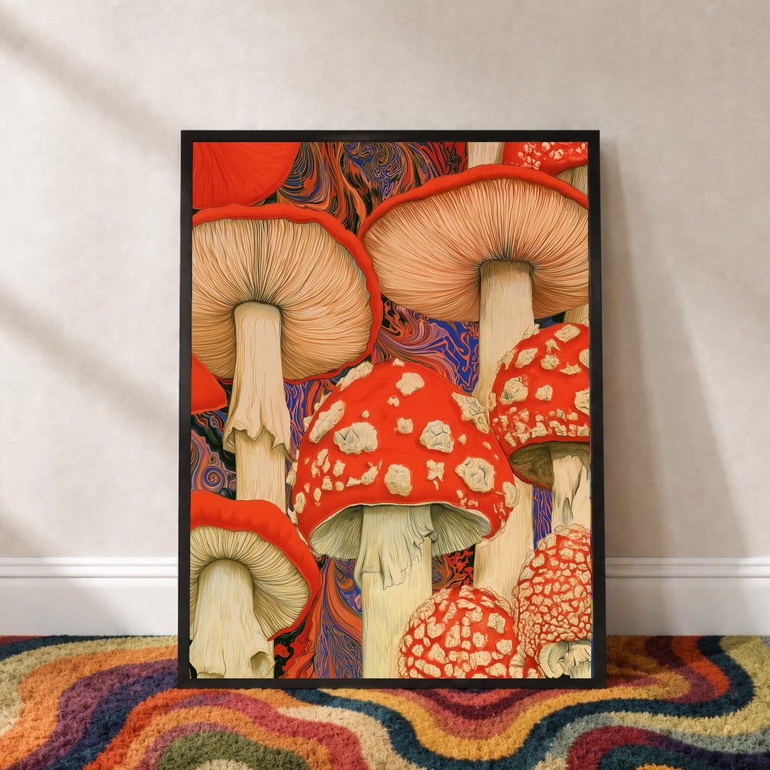 Psychedelische Pilze in Rot Poster – Schwarzer Rahmen – Produktfoto