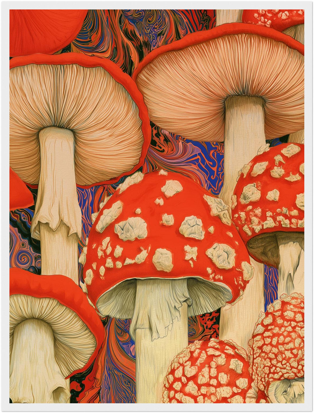 Psychedelische Pilze in Rot Poster – Weißer Rahmen – Produktfoto