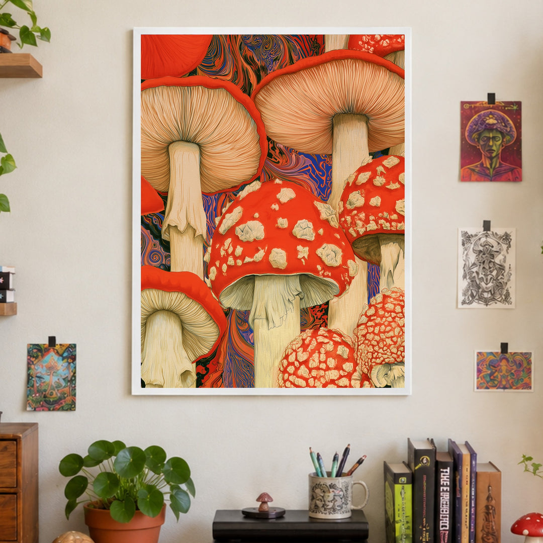 Psychedelische Pilze in Rot Poster – Weißer Rahmen – Produktfoto