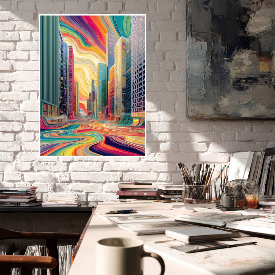 Fließende Farbenstadt Poster abstrakt – mattes Kunstdruck-Papier – Ansicht 4