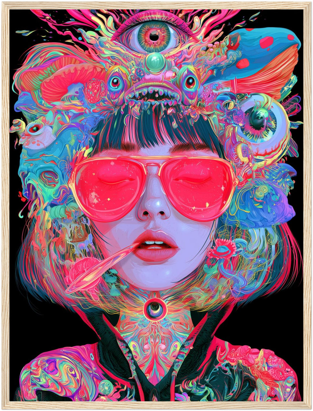 Frau mit pinker Sonnenbrille Poster – Holz natur Rahmen – Produktfoto
