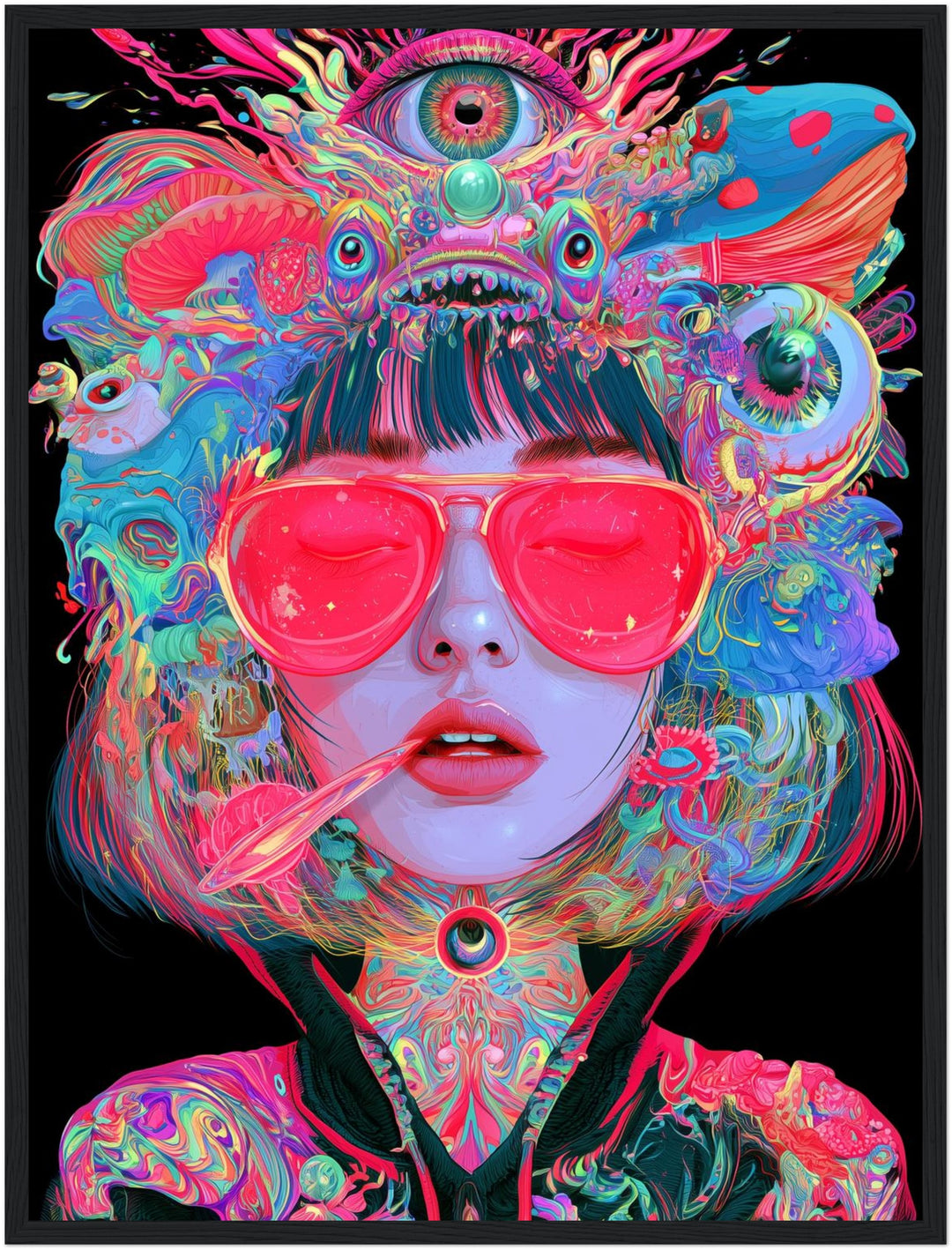 Frau mit pinker Sonnenbrille Poster – Schwarzer Rahmen – Produktfoto