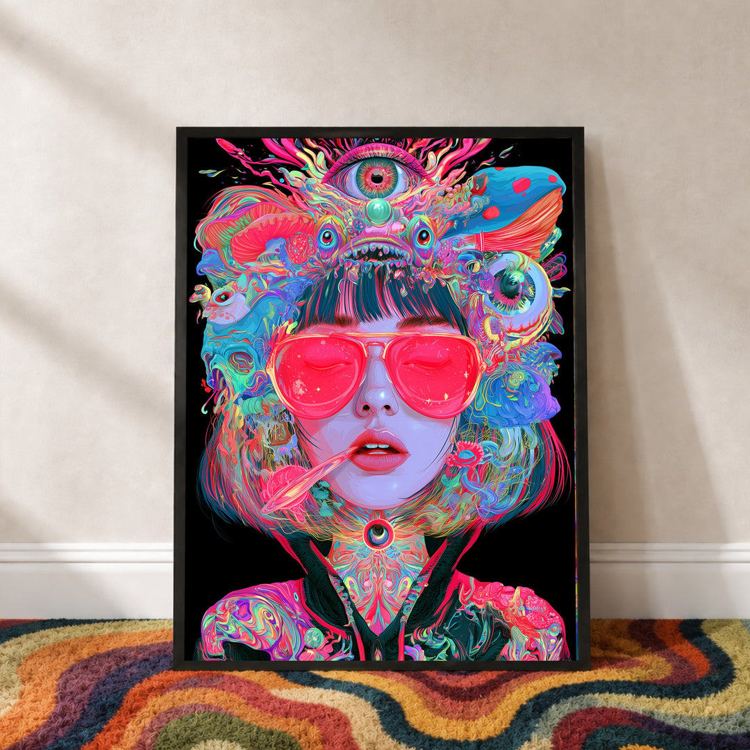 Frau mit pinker Sonnenbrille Poster – Schwarzer Rahmen – Produktfoto