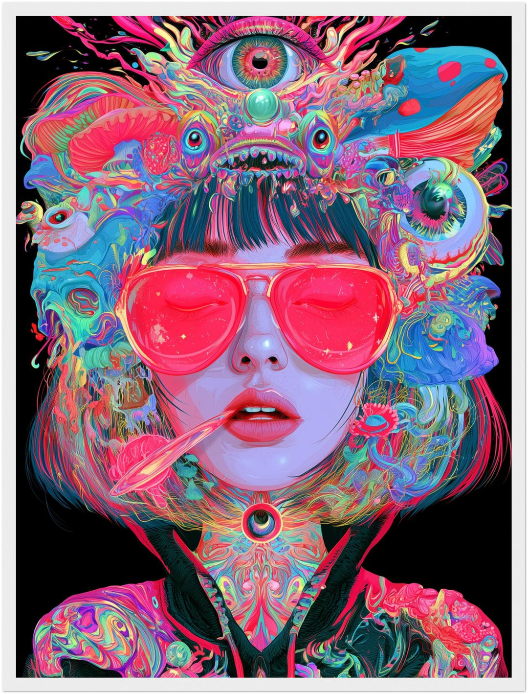 Frau mit pinker Sonnenbrille Poster – Weißer Rahmen – Produktfoto