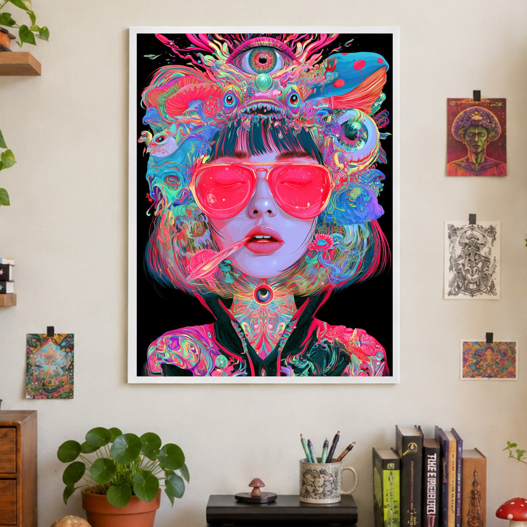 Frau mit pinker Sonnenbrille Poster – Weißer Rahmen – Produktfoto