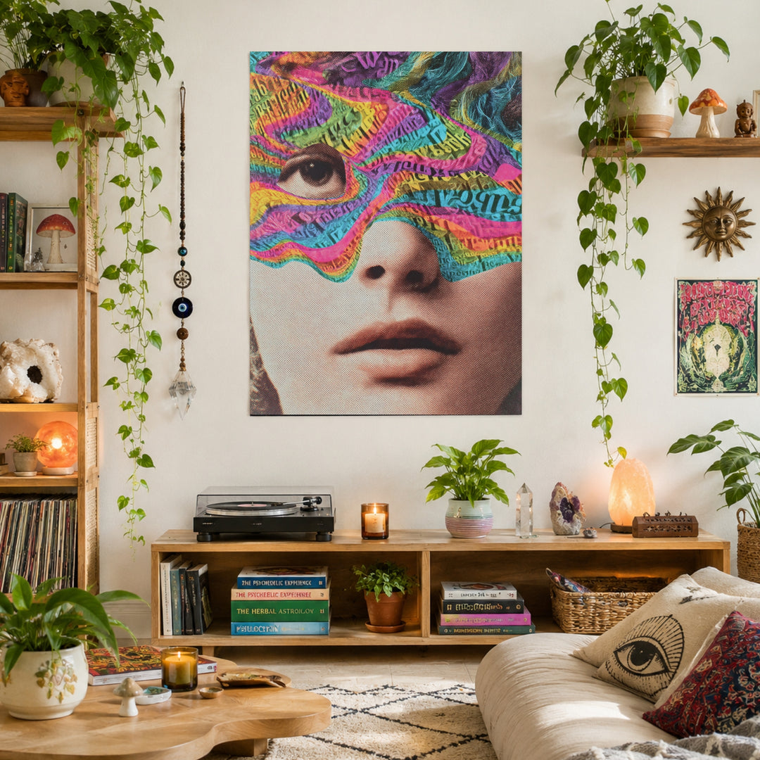 Psychedelisches Gesicht mit Schrift Leinwandbild – Ohne Rahmen – Produktfoto