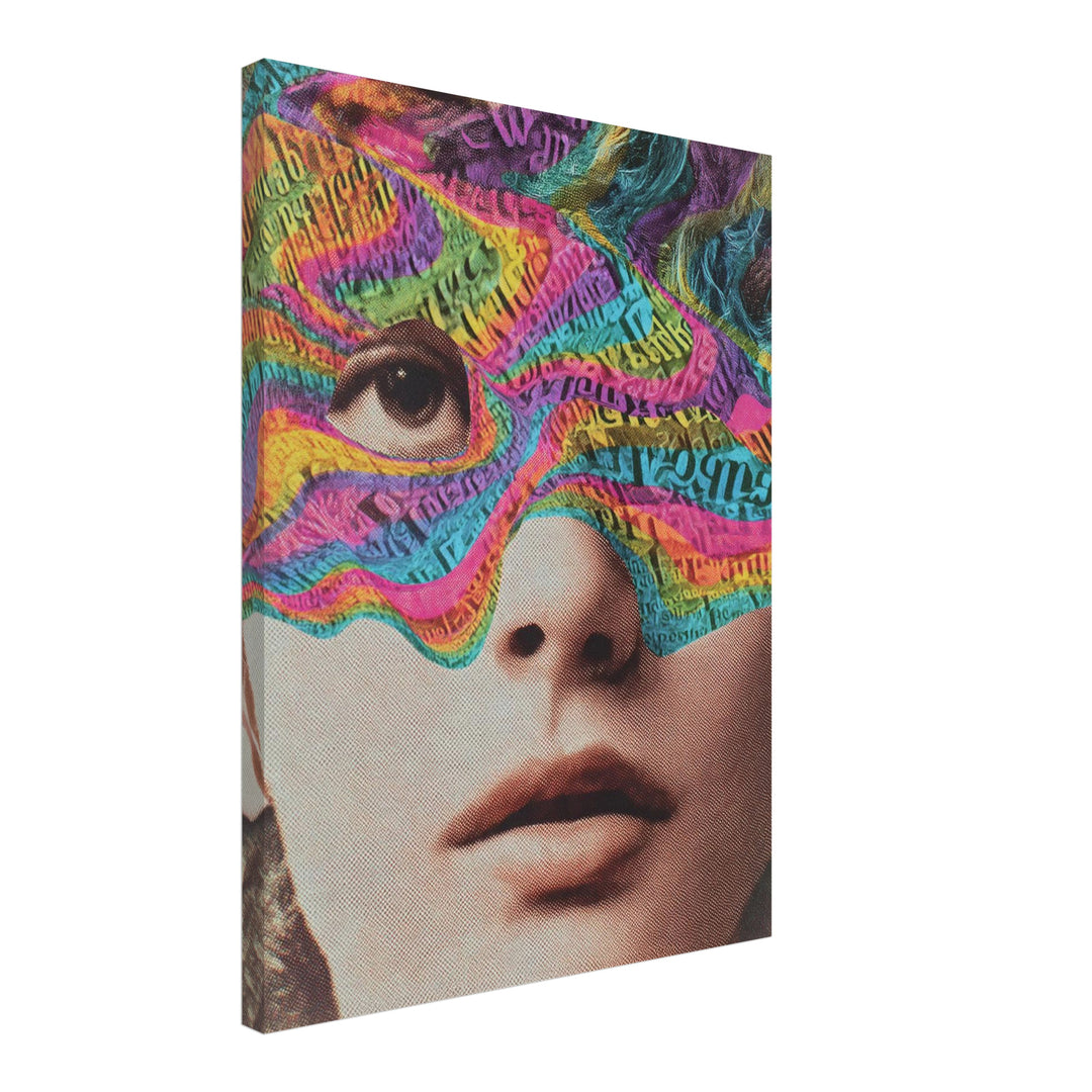Psychedelisches Gesicht mit Schrift Leinwandbild – Schräge Ansicht – Produktfoto