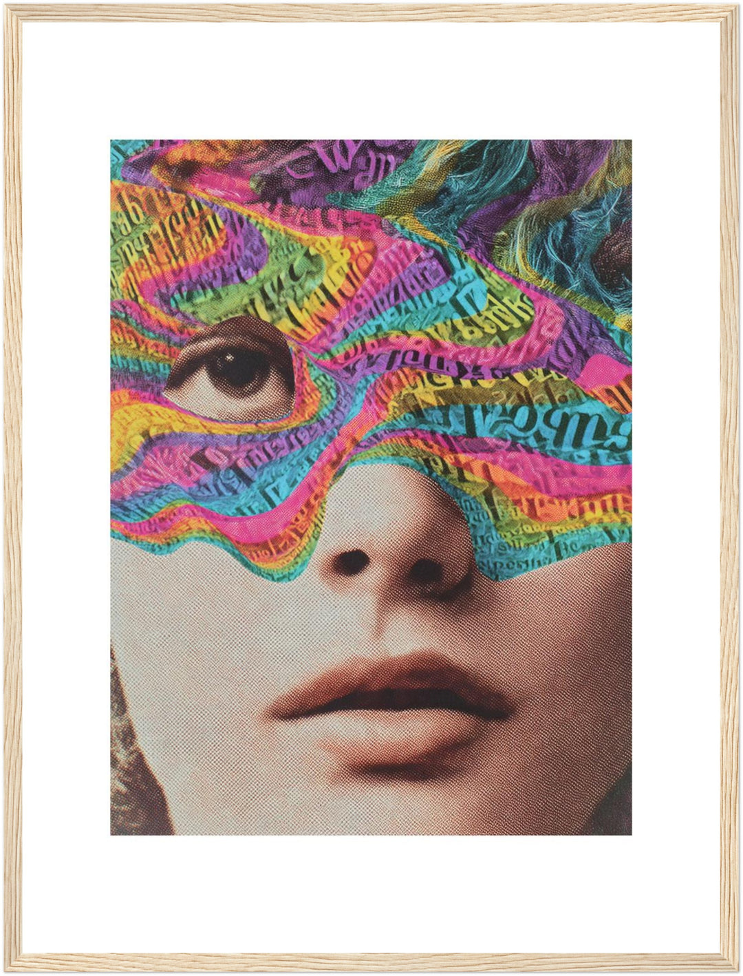 Psychedelisches Gesicht mit Schrift Poster – Holz natur Rahmen – Produktfoto