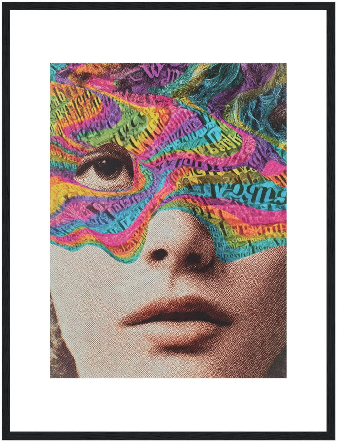 Psychedelisches Gesicht mit Schrift Poster – Schwarzer Rahmen – Produktfoto