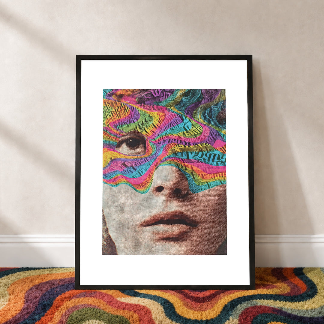 Psychedelisches Gesicht mit Schrift Poster – Schwarzer Rahmen – Produktfoto