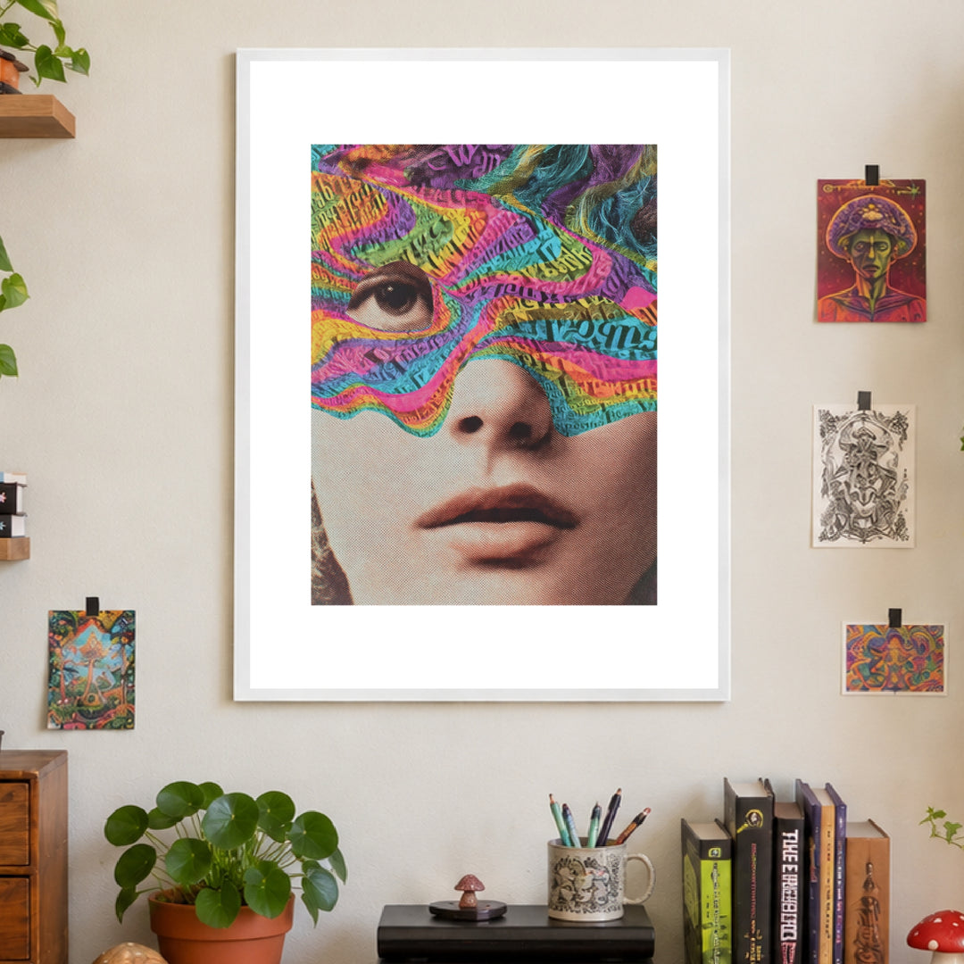 Psychedelisches Gesicht mit Schrift Poster – Weißer Rahmen – Produktfoto