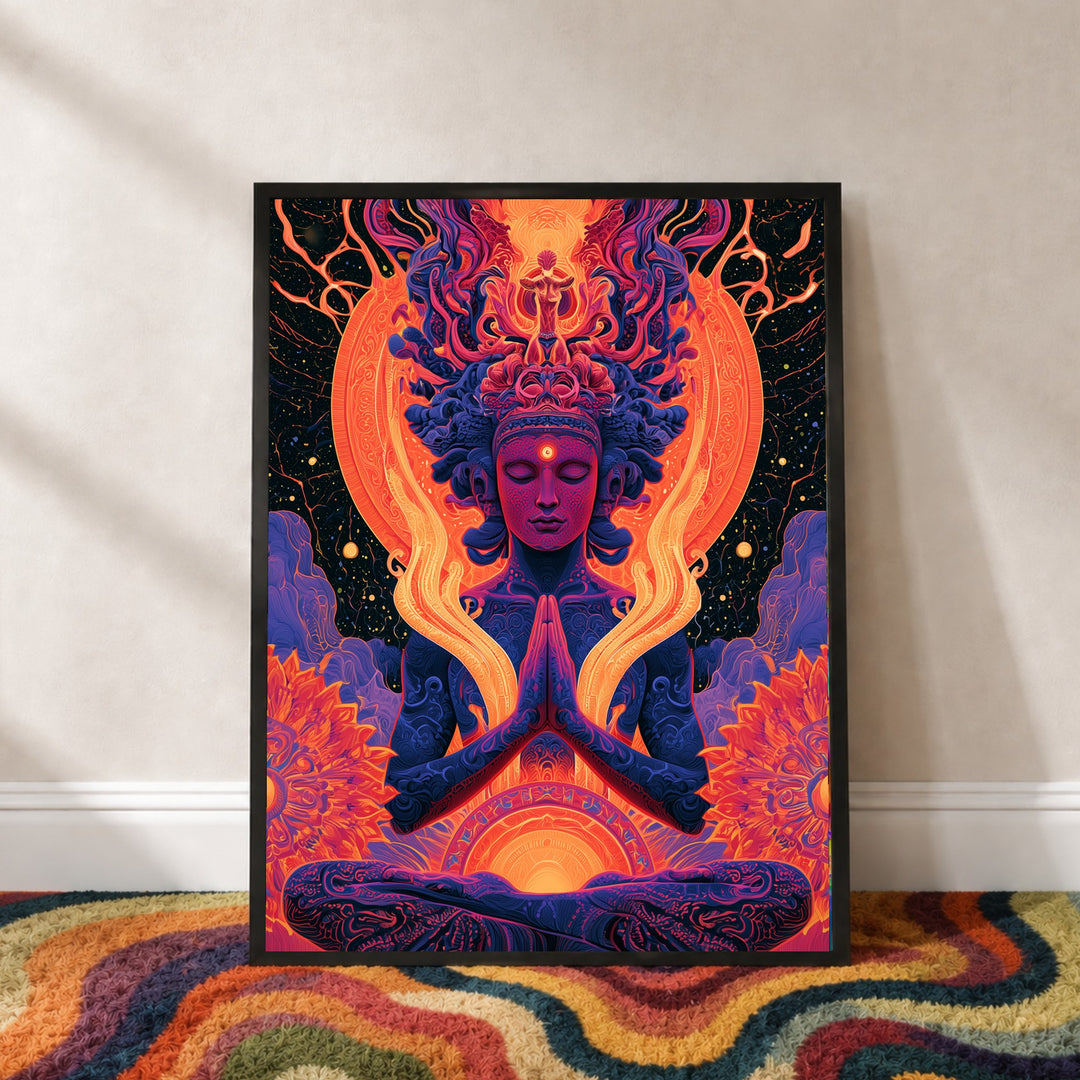 Meditierende Göttin mit Lotus Poster – Schwarzer Rahmen – Produktfoto