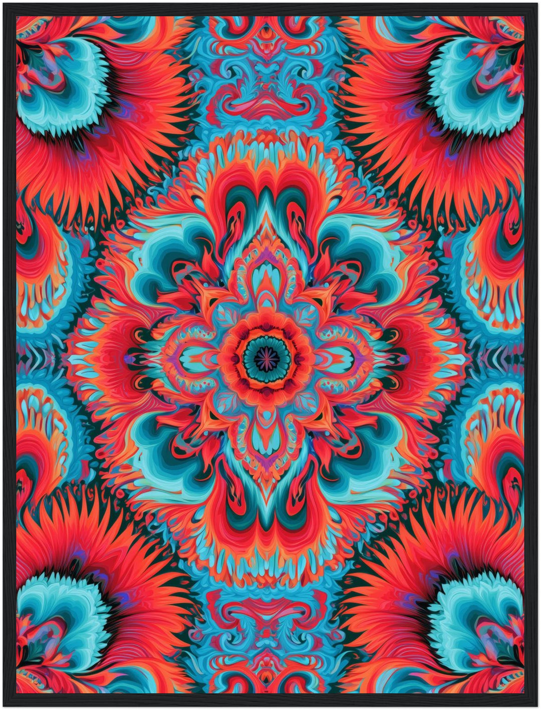 Mandala in Flammen Poster – Schwarzer Rahmen – Produktfoto