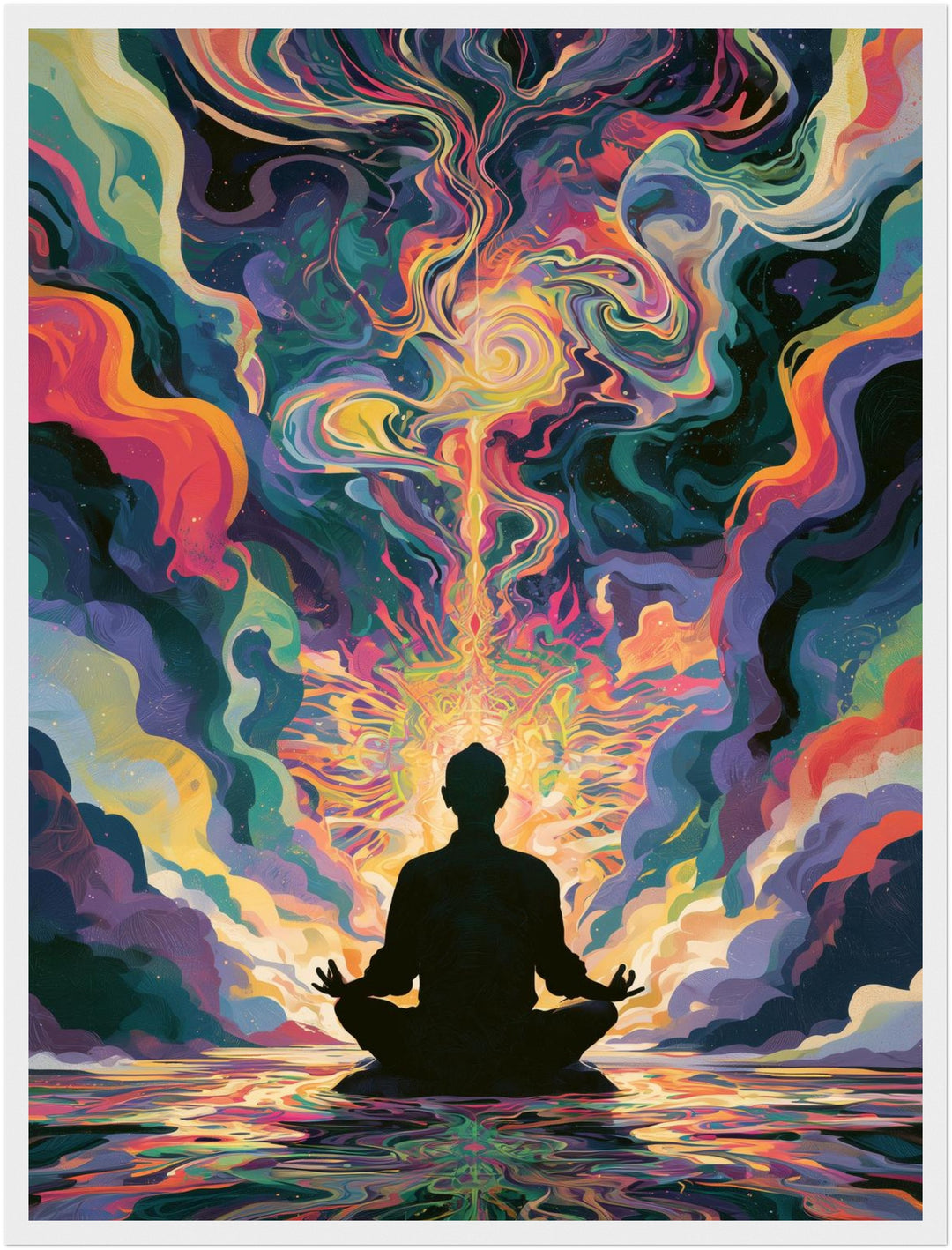 Meditierende Silhouette am Wasser Poster – Weißer Rahmen – Produktfoto