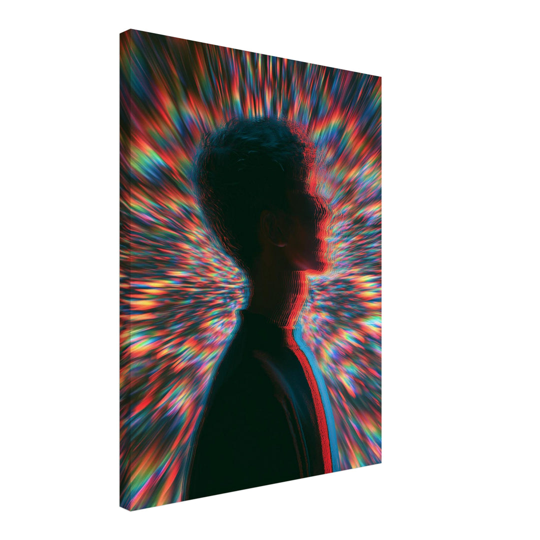 Psychedelische Silhouette im Farbsturm Leinwandbild – Schräge Ansicht – Produktfoto