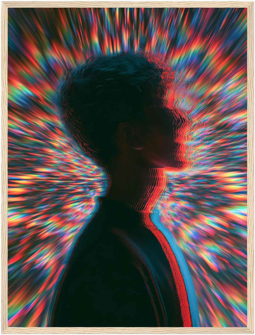 Psychedelische Silhouette im Farbsturm Poster – Holz natur Rahmen – Produktfoto