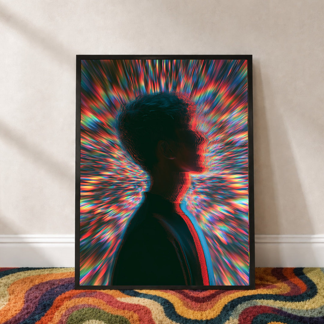 Psychedelische Silhouette im Farbsturm Poster – Schwarzer Rahmen – Produktfoto
