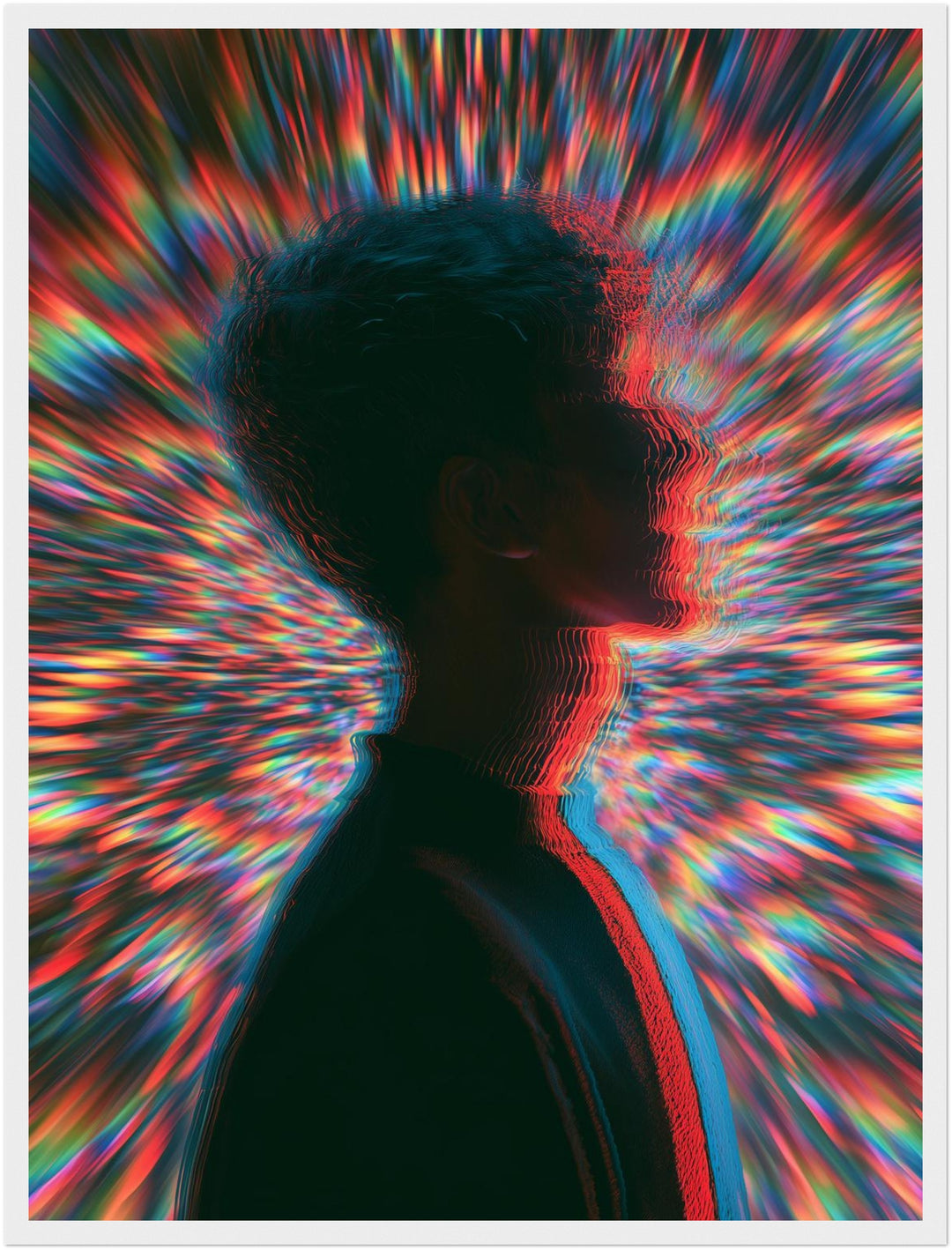 Psychedelische Silhouette im Farbsturm Poster – Weißer Rahmen – Produktfoto