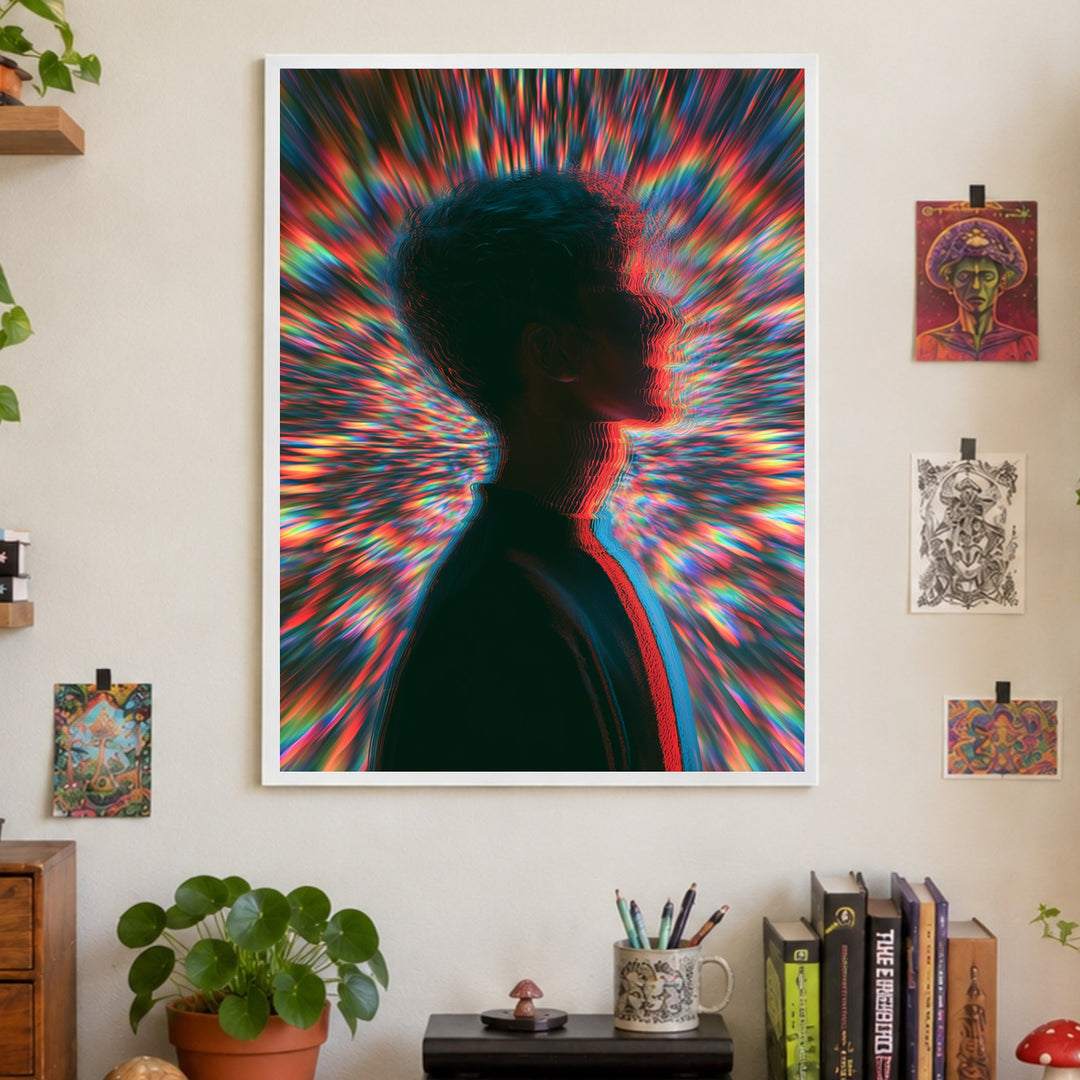 Psychedelische Silhouette im Farbsturm Poster – Weißer Rahmen – Produktfoto
