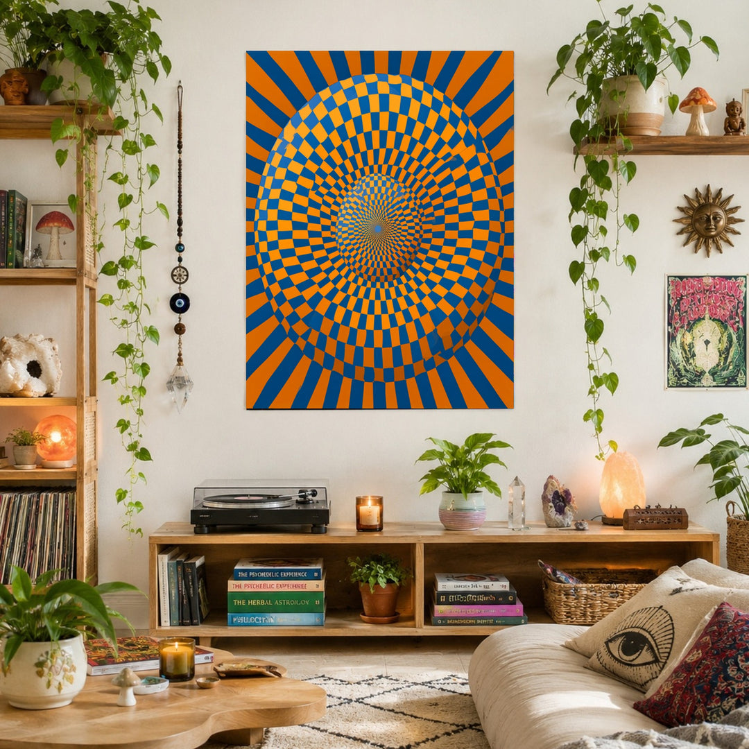 Psychedelische Spirale in Blau-Orange Poster – Ohne Rahmen – Produktfoto
