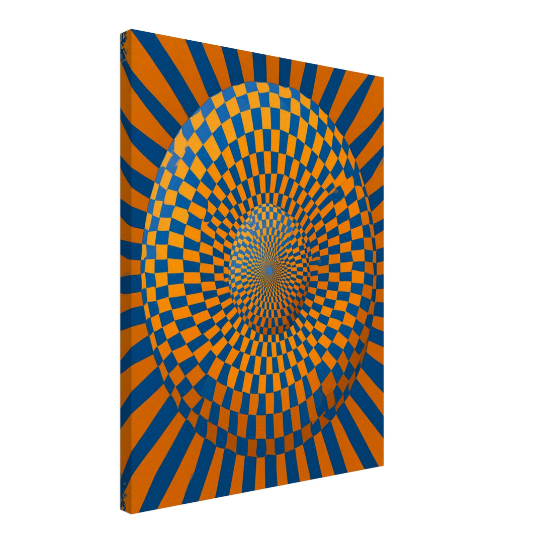 Psychedelische Spirale in Blau-Orange Leinwandbild – Schräge Ansicht – Produktfoto
