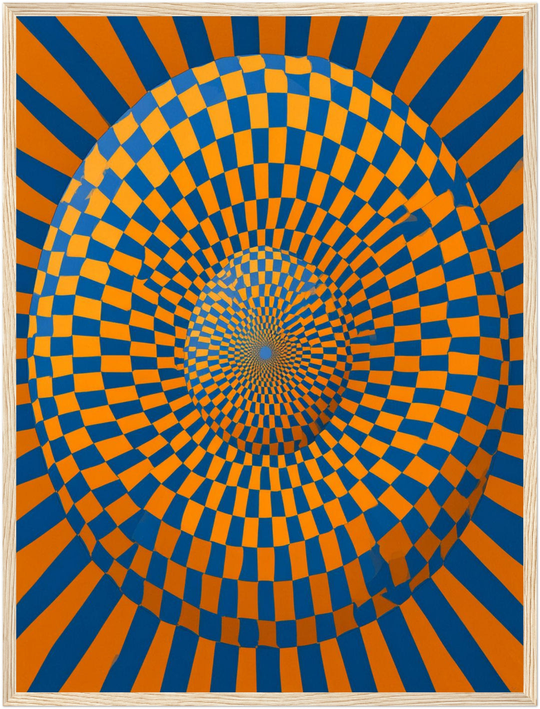 Psychedelische Spirale in Blau-Orange Poster – Holz natur Rahmen – Produktfoto