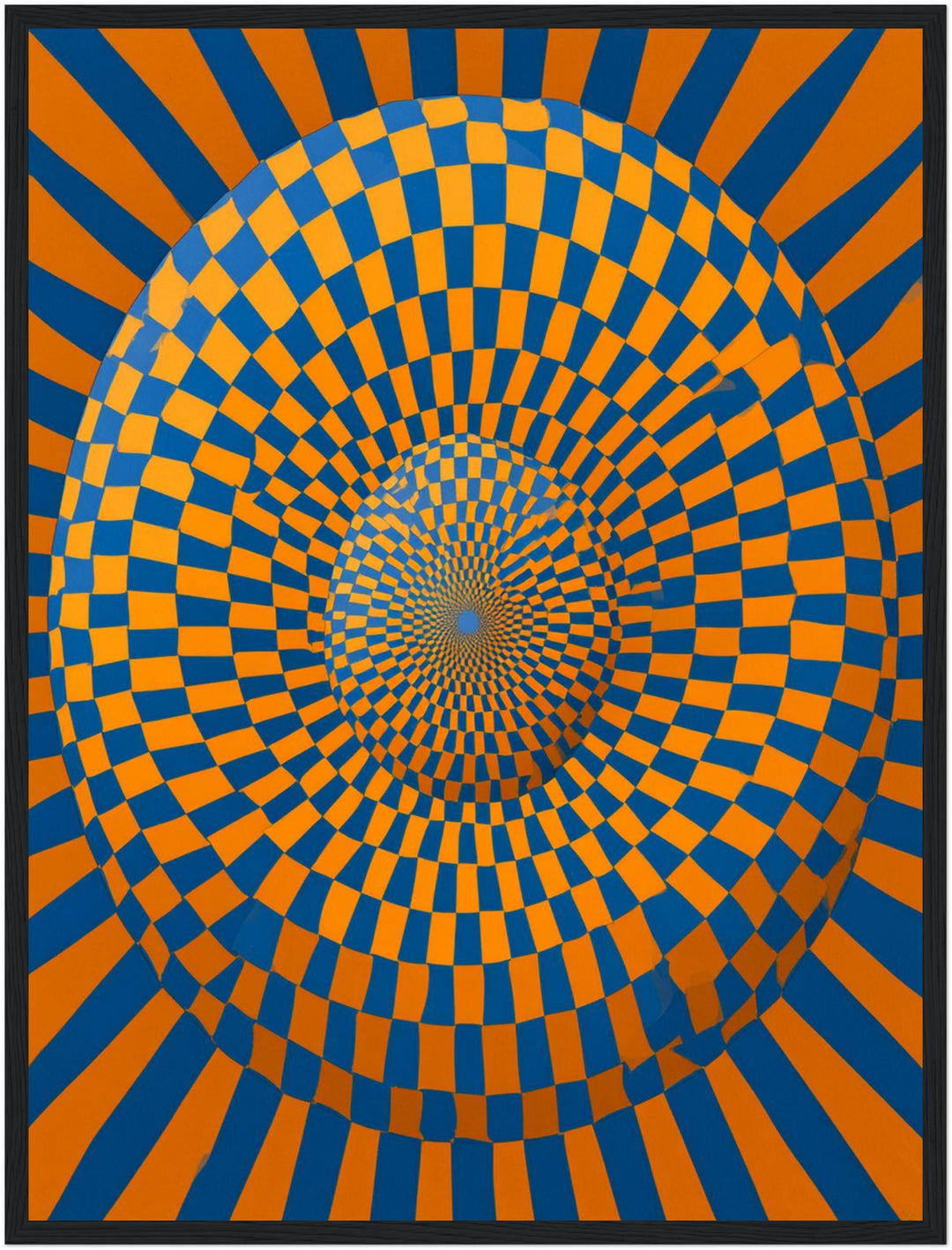 Psychedelische Spirale in Blau-Orange Poster – Schwarzer Rahmen – Produktfoto