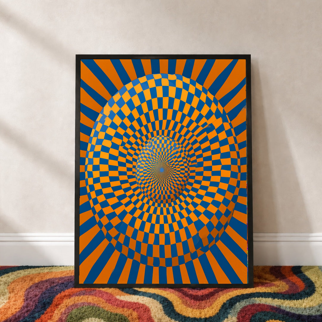 Psychedelische Spirale in Blau-Orange Poster – Schwarzer Rahmen – Produktfoto