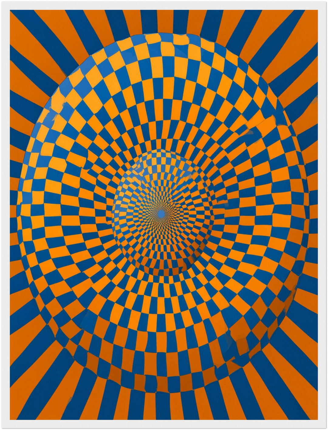 Psychedelische Spirale in Blau-Orange Poster – Weißer Rahmen – Produktfoto